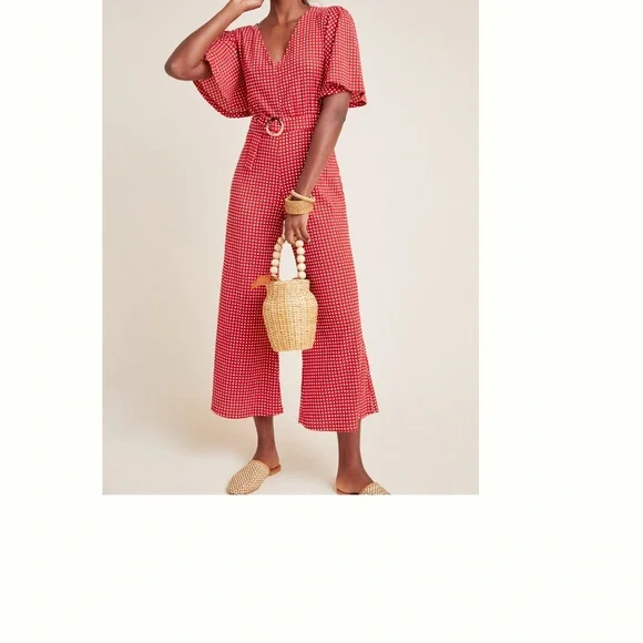 Anthropologie Margaret Belted Red and White Checkered Jumpsuit - Picture 1 of 10